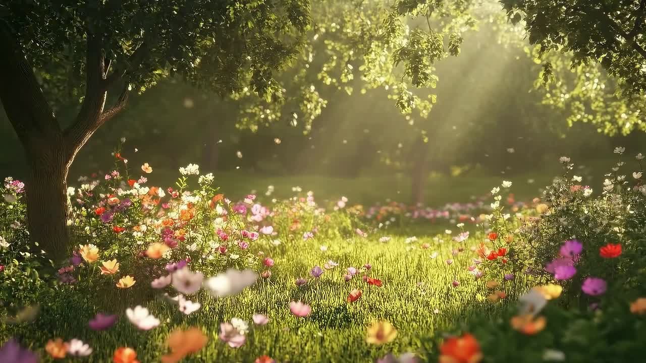 Lush garden with colorful flowers and sunlight. Low-angle video captures serene nature. Live desktop