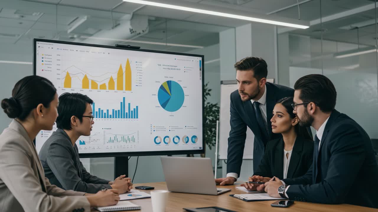 Professional Team Collaboration in a Modern Conference Room Analyzing Data Trends with Graphs and Charts on a Large Screen