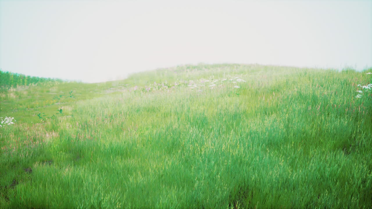 vista del paisaje de la hierba verde en la pendiente al amanecer
