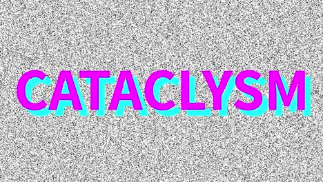 cataclismo. palabra sobre el problema en la vieja pantalla ruidosa. interferencia de vhs en bucle. fondo animado vintage. video 4k