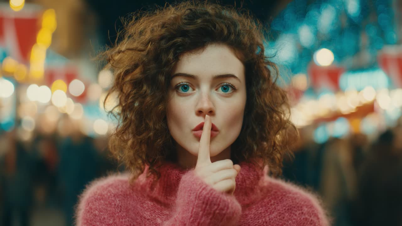 A Mysterious Figure in a Cozy Sweater Hushes the Crowd, Evoking Intrigue Amidst a Festive Atmosphere