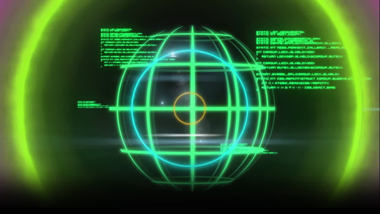 animación del globo y procesamiento de datos sobre cuadrícula y fondo oscuro