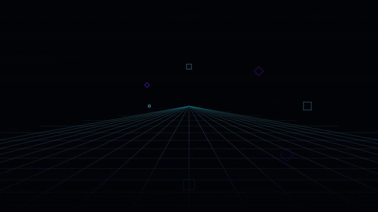Abstrakt retro synthwave-gitter med svævende geometriske former