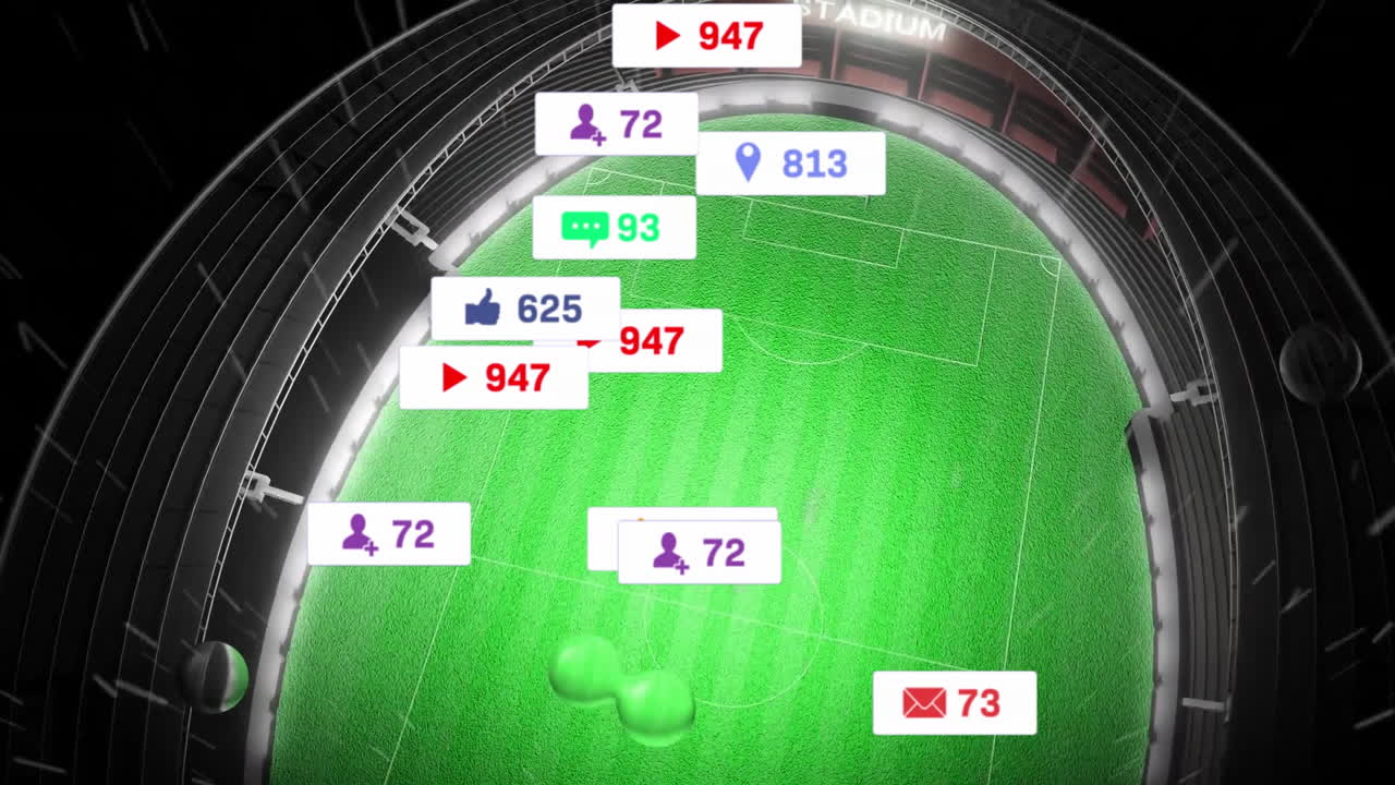Circular soccer stadium rendering showing floating social media badges in flat design style