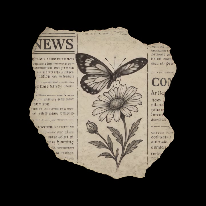 Animated Butterfly Resting on a Vintage Newspaper Illustration