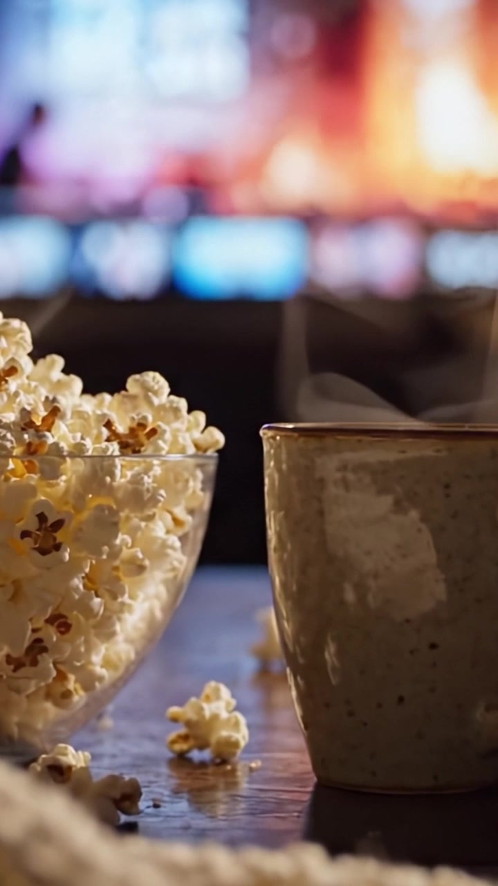 Allestimento accogliente per una serata film con popcorn freschi e una bevanda calda, perfetto per il relax e il divertimento al chiuso durante una sessione di visione di un film.
