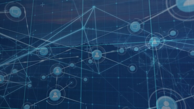 Animation of network of connections with icons over landscape
