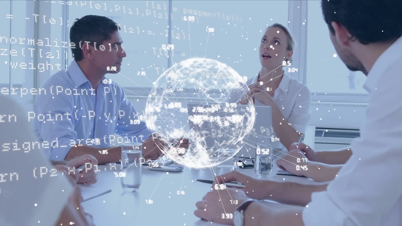 사무실에서 토론하는 다양한 사업가들에 대한 회전하는 지구와 데이터 처리의 애니메이션