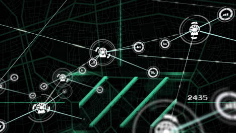 conexiones de red y animación de puntos de datos en el fondo de la cuadrícula digital
