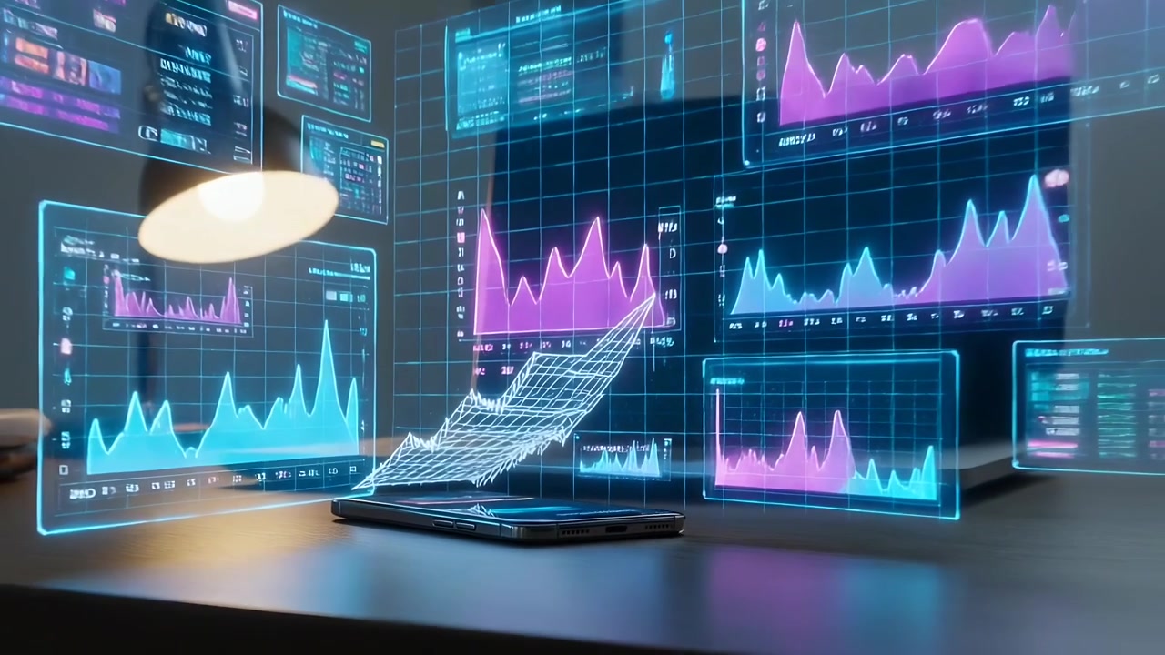 Glowing metal-framed phone projecting 3D graph and colored charts above wood desk visualizing data