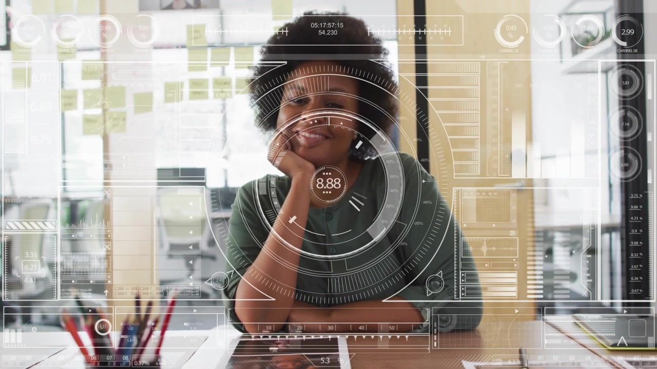 Digital interface with data processing over woman sitting at desk in office