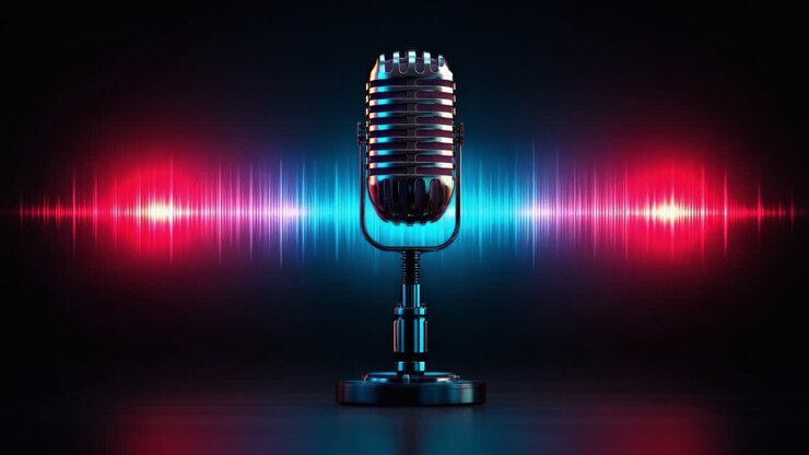 Un'Immagine Mozzafiato di un Microfono Classico Circondato da Vibranti Onde Sonore, che Mostra la Fusione di Tecnologia e Musica in una Presentazione Accattivante