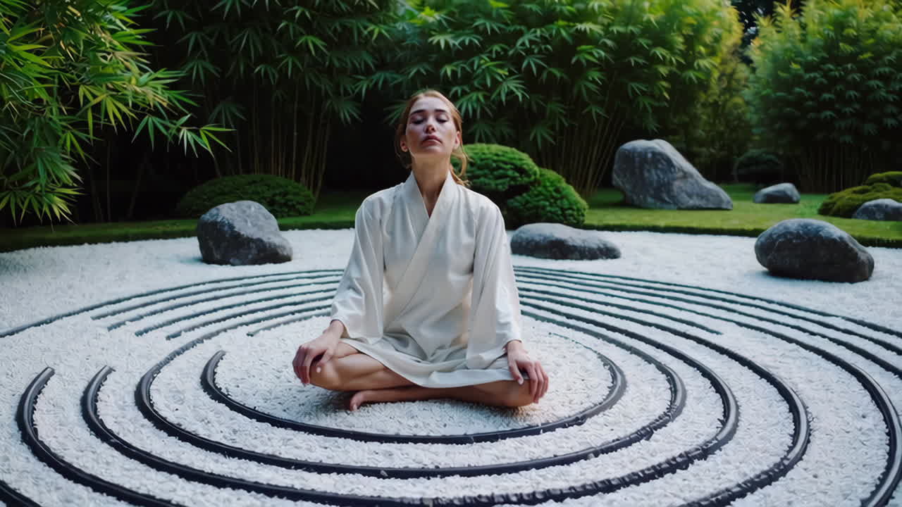 Woman meditating in a Zen garden