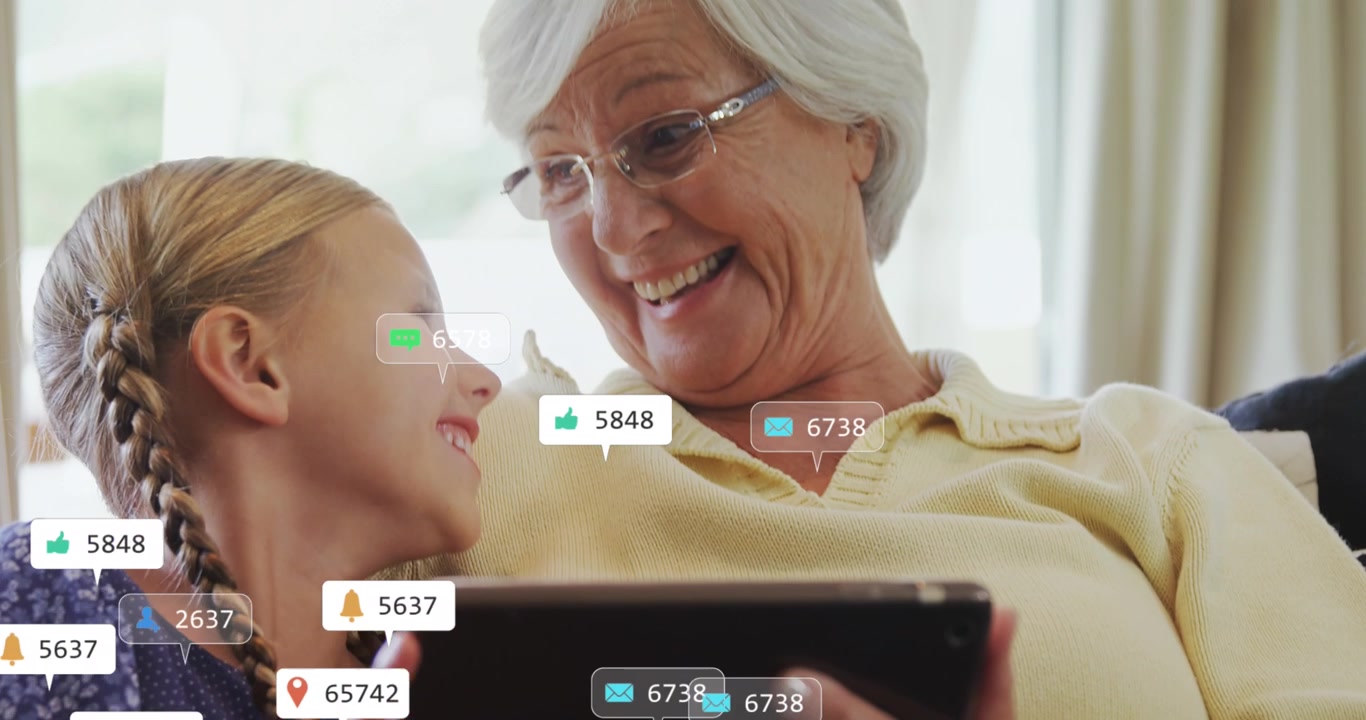 Animation off notification bars over caucasian grandmother and granddaughter using digital tablet