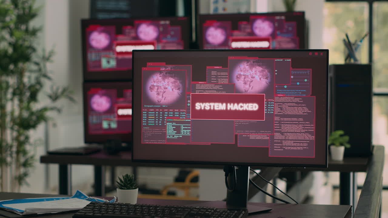 Empty coding office with monitors showing security breach alert