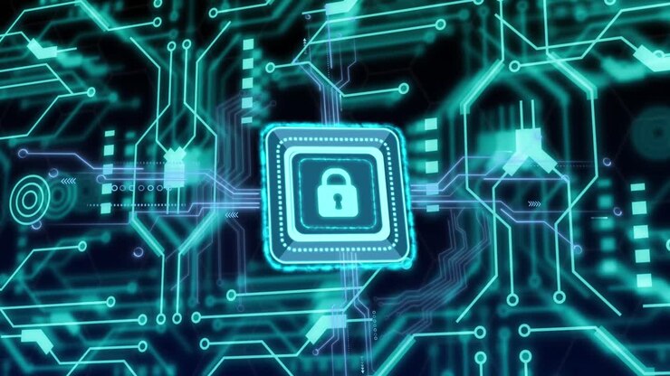 Animation of online security padlock, data processing over computer circuit board