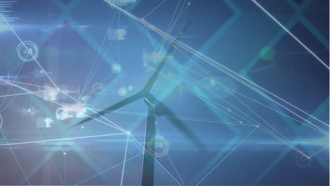 animation of network of connections and data processing over spinning windmill against blue sky