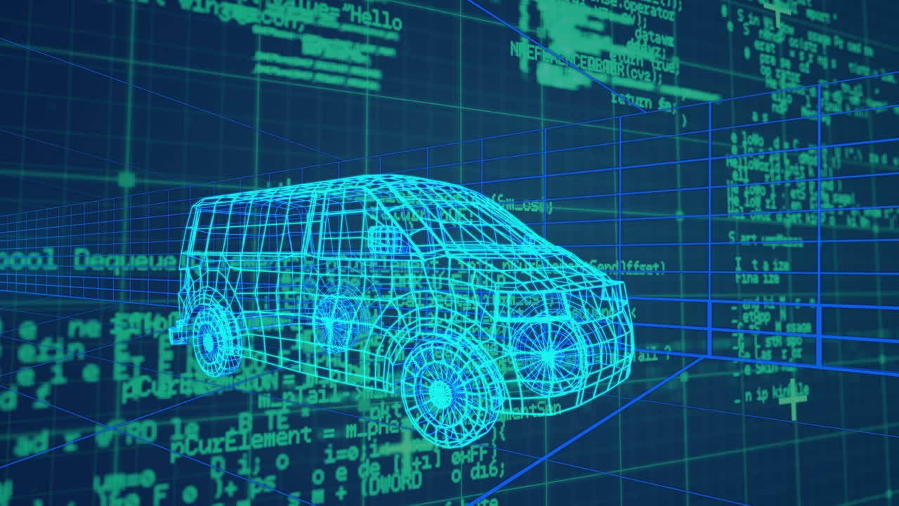 파란색 배경에 디지털 자동차를 통해 데이터 처리의 애니메이션