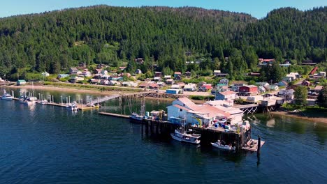 aerial pan of fishing village at hoonah alaska