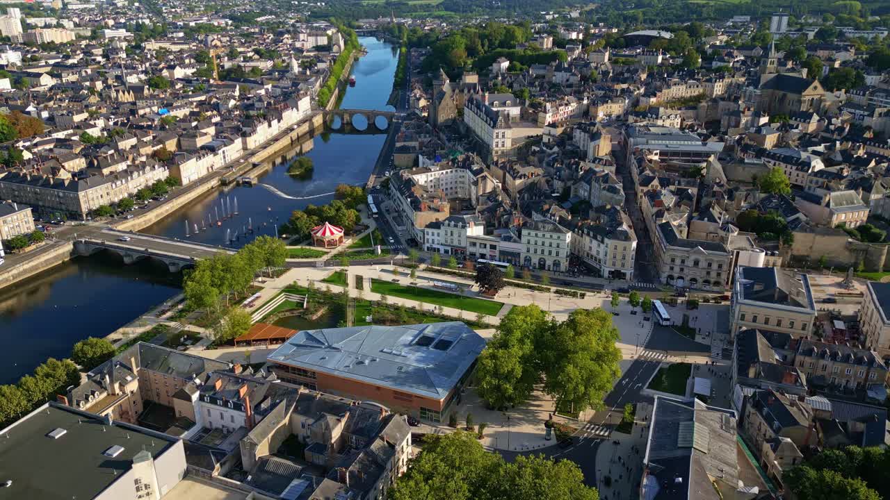 Laval aerial panoramic over city center showing key landmarks including river, chateau, and churches