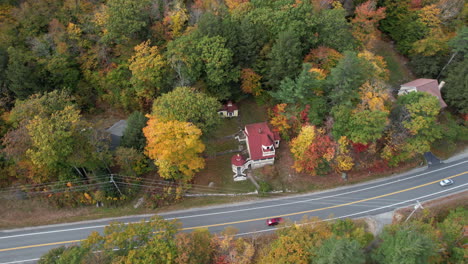 lakeside road, houses and cars, lake sunapee area, colorful autumn tree foliage