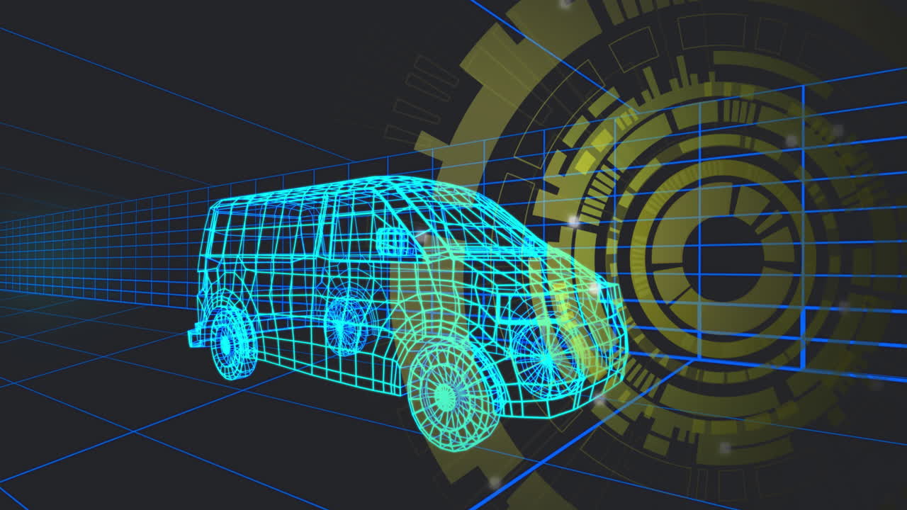 Wireframe van model floating in neon grid space, showcasing yellow-green circular HUD interface