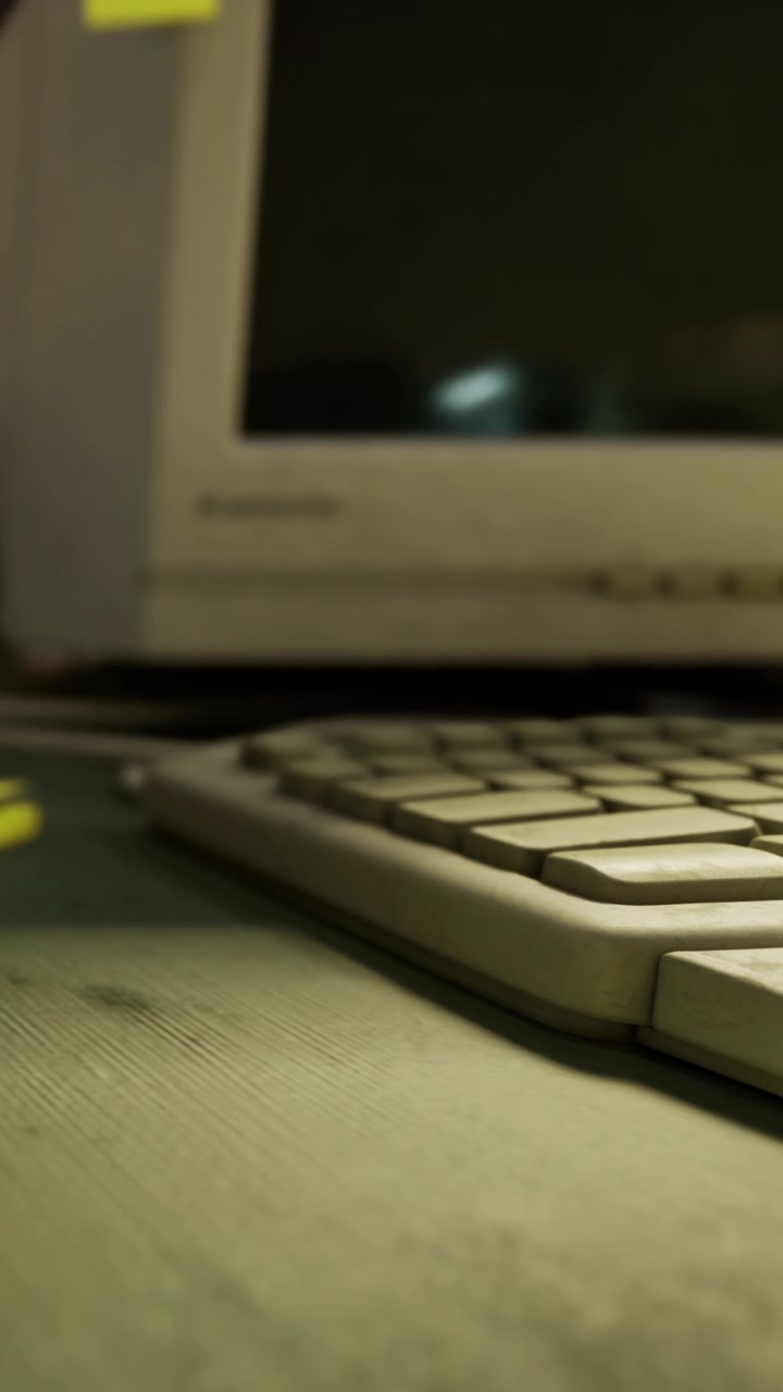 Old computer setup with a keyboard and monitor on a desk in a tech space
