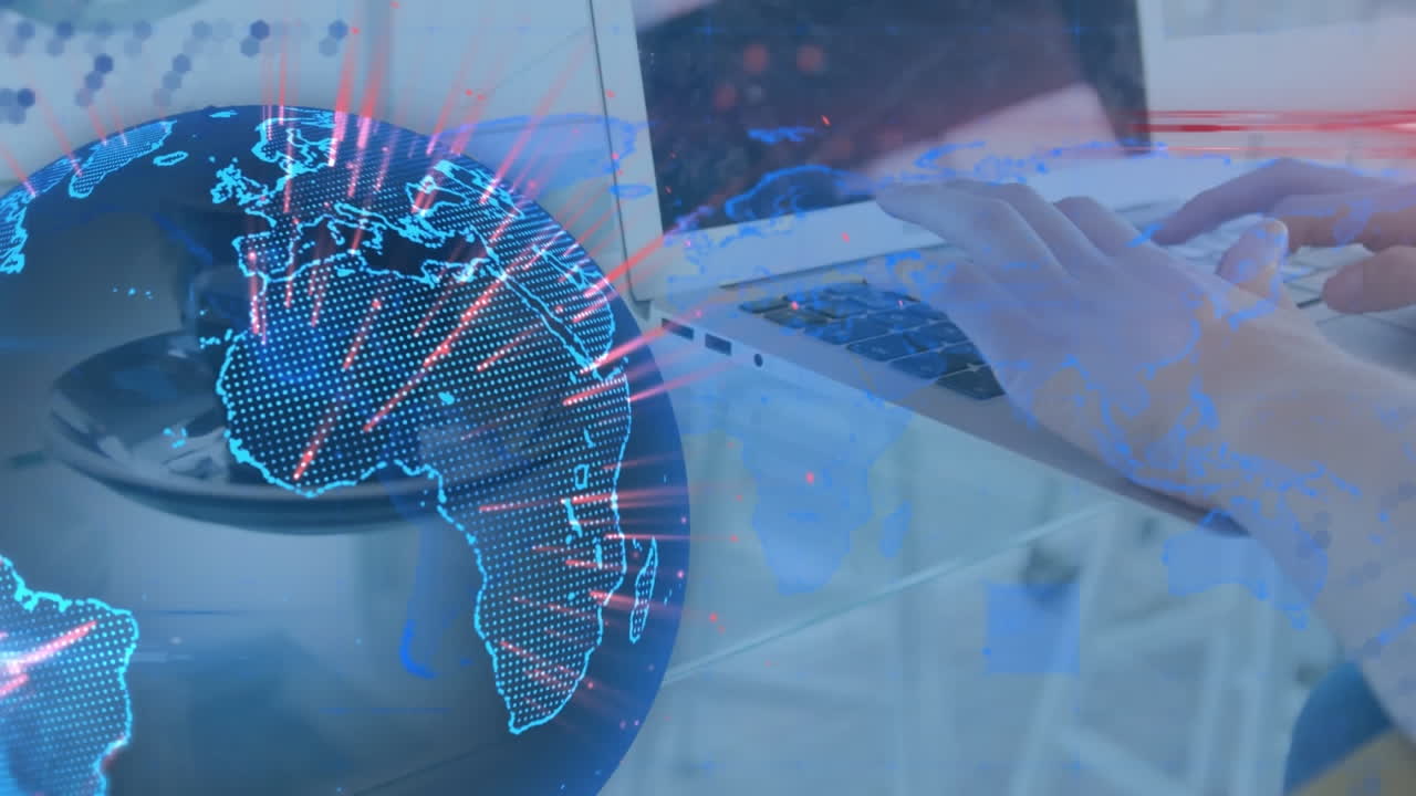 animación de rastros de luz sobre un globo giratorio contra la sección media de una mujer que usa una computadora portátil en una cafetería