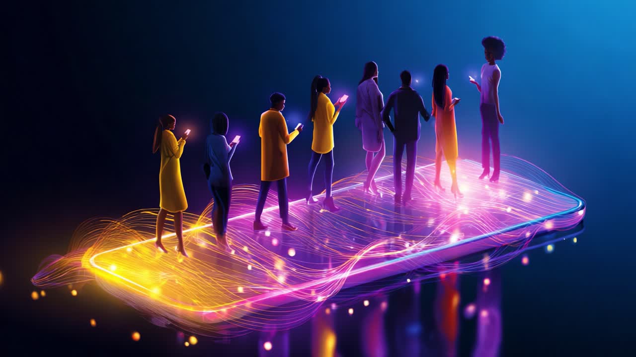 A vibrant digital gathering showcasing a diverse group of individuals interacting on a luminous smartphone, emphasizing connectivity and modern communication in a colorful environment