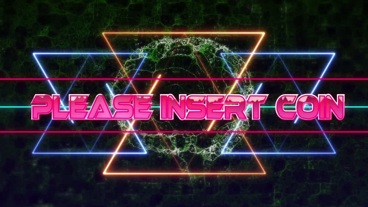 디지털 인터페이스 패턴 위에 분홍색 글자로 동전 텍스트를  ⁇ 입하십시오.