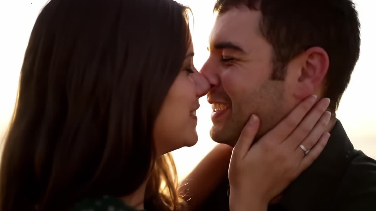 Un momento intimo di coppia: catturando la gioia e l'amore tra due persone mentre si toccano dolcemente la fronte sotto un bellissimo tramonto.