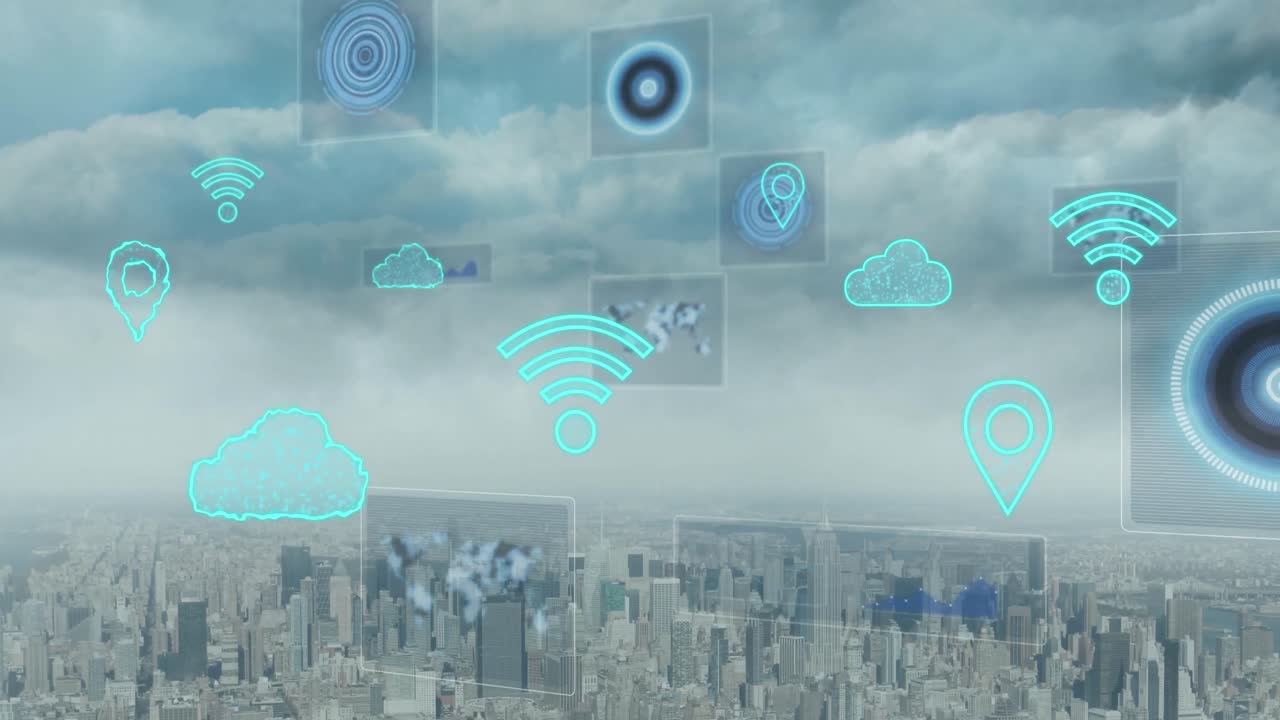 animación de nubes, wifi y ámbitos con procesamiento de datos sobre el paisaje urbano.
