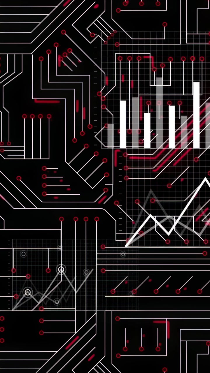 Vertical video: Zigzag line appearing right, board traces pulsing and charts rising, showing data