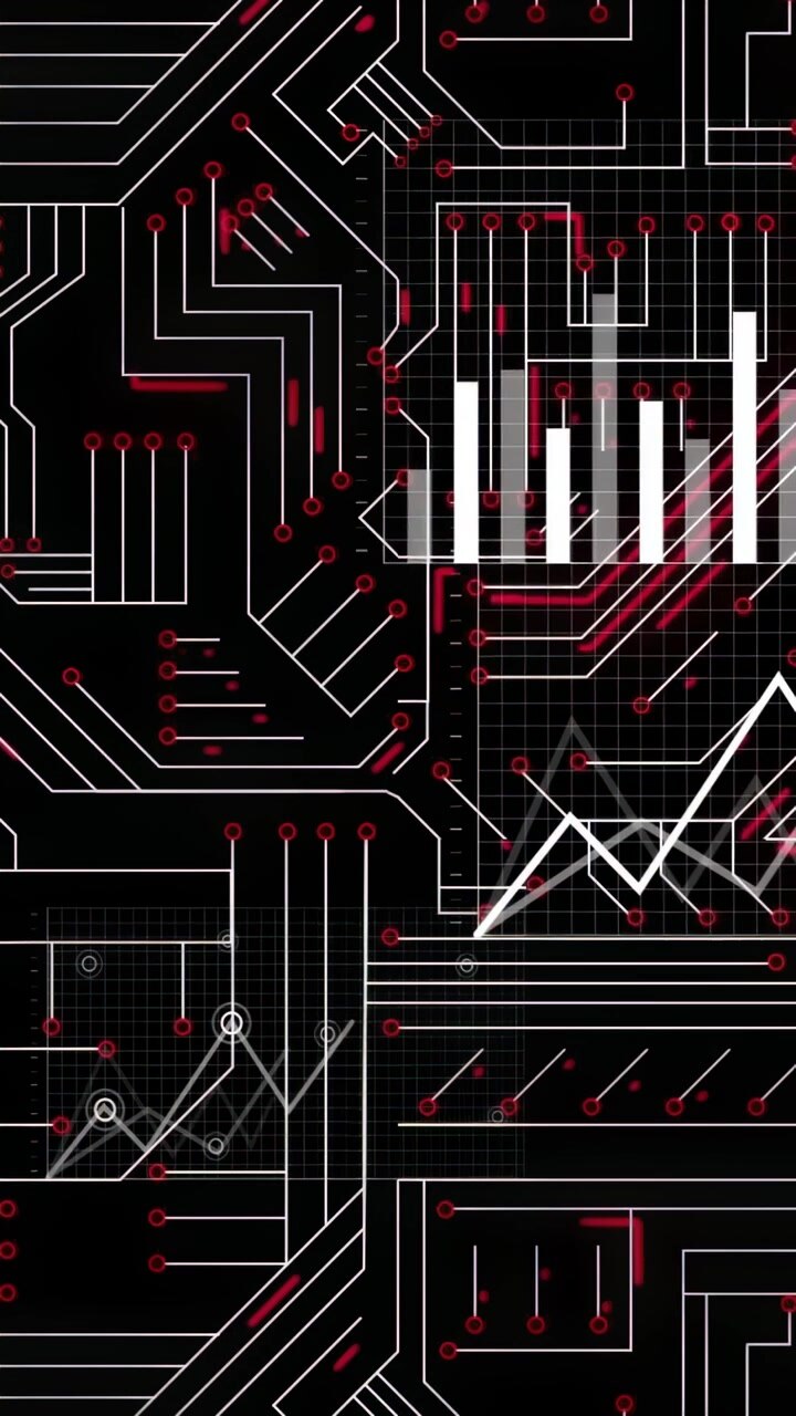 Vertical video: Zigzag line appearing right, board traces pulsing and charts rising, showing data