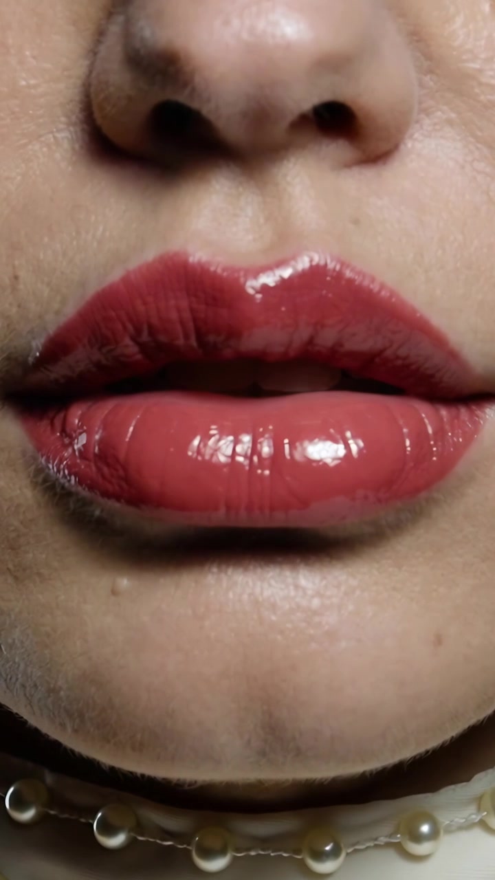 Video verticale: Inquadratura di una donna in una stanza, labbra che si aprono e si chiudono, labbra rosse, girocollo di perle, colletto alto.