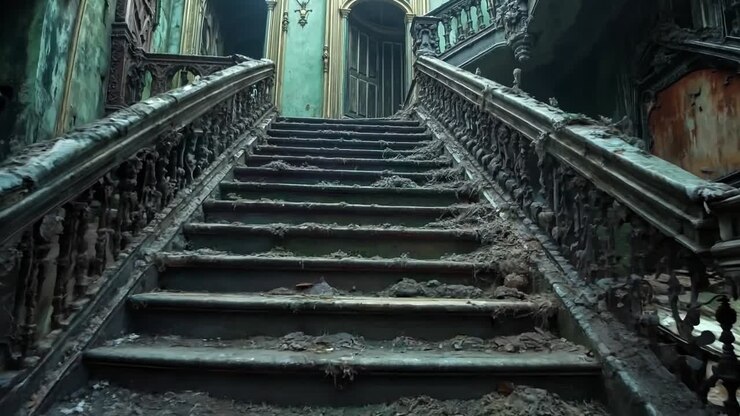 Una serie di scale in un edificio abbandonato con vernice sbucciante sulle pareti