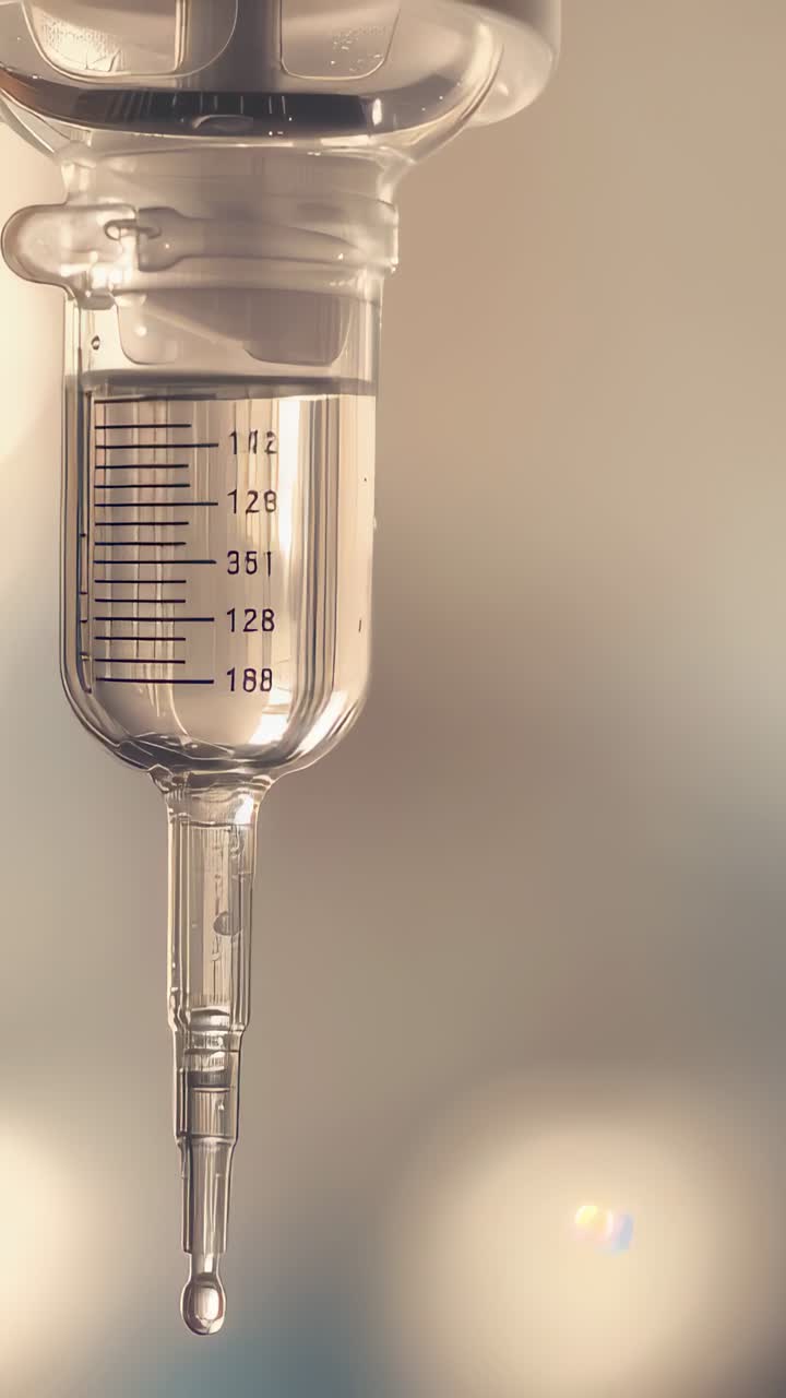 Video verticale: goccia che cade, con conseguente rilascio di gocce dalla camera di infusione IV, infusione nel reparto con bilance