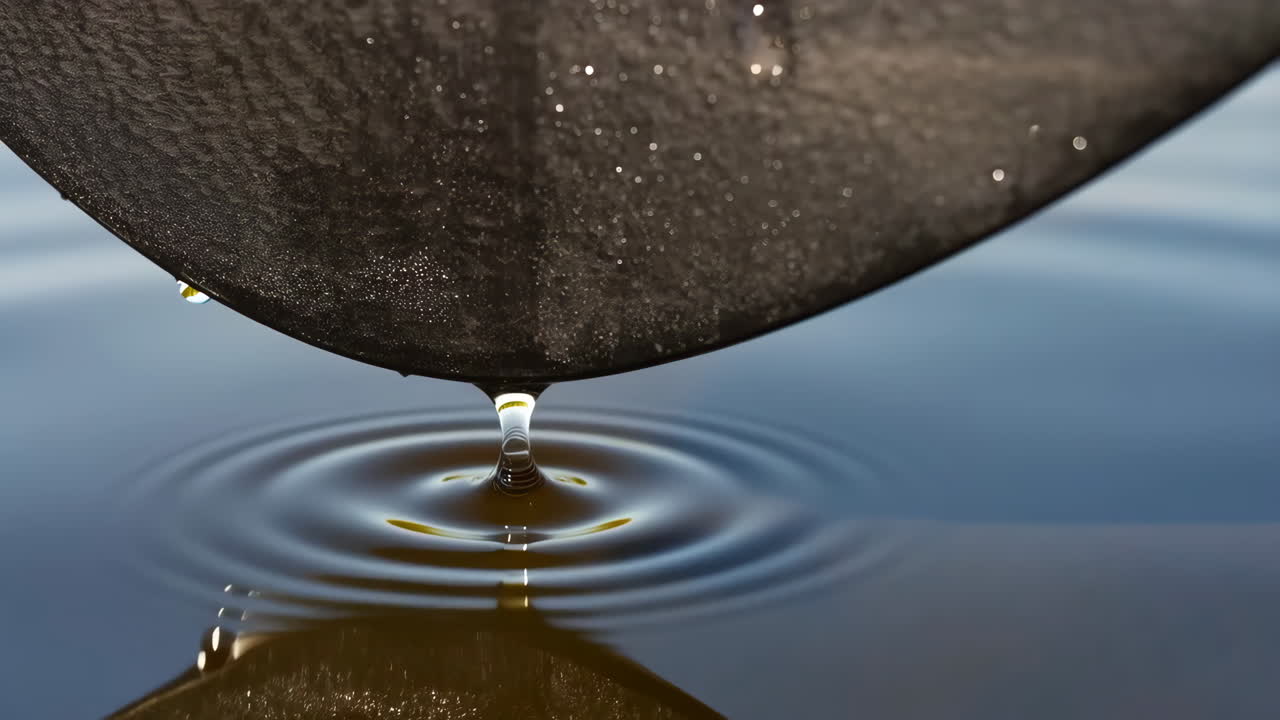 Macro View of a Water Drop Falling and Creating Ripples