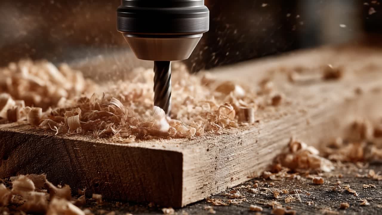 Nahaufnahme eines Bohrers, der in Holz greift und Späne erzeugt, in einem handwerklichen Kontext, der Präzision und Liebe zum Detail hervorhebt.