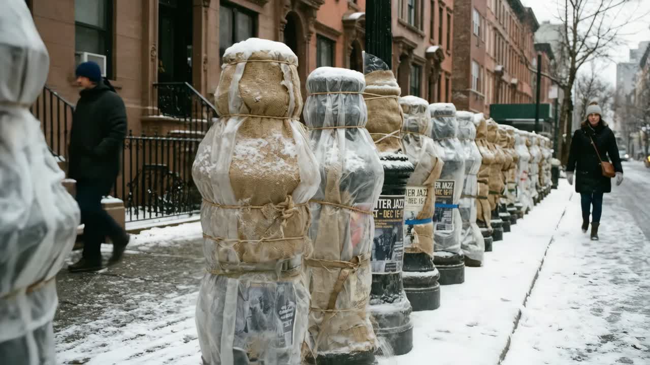 Mensen die langs besneeuwde paaltjes lopen in een winterse stadsstraat