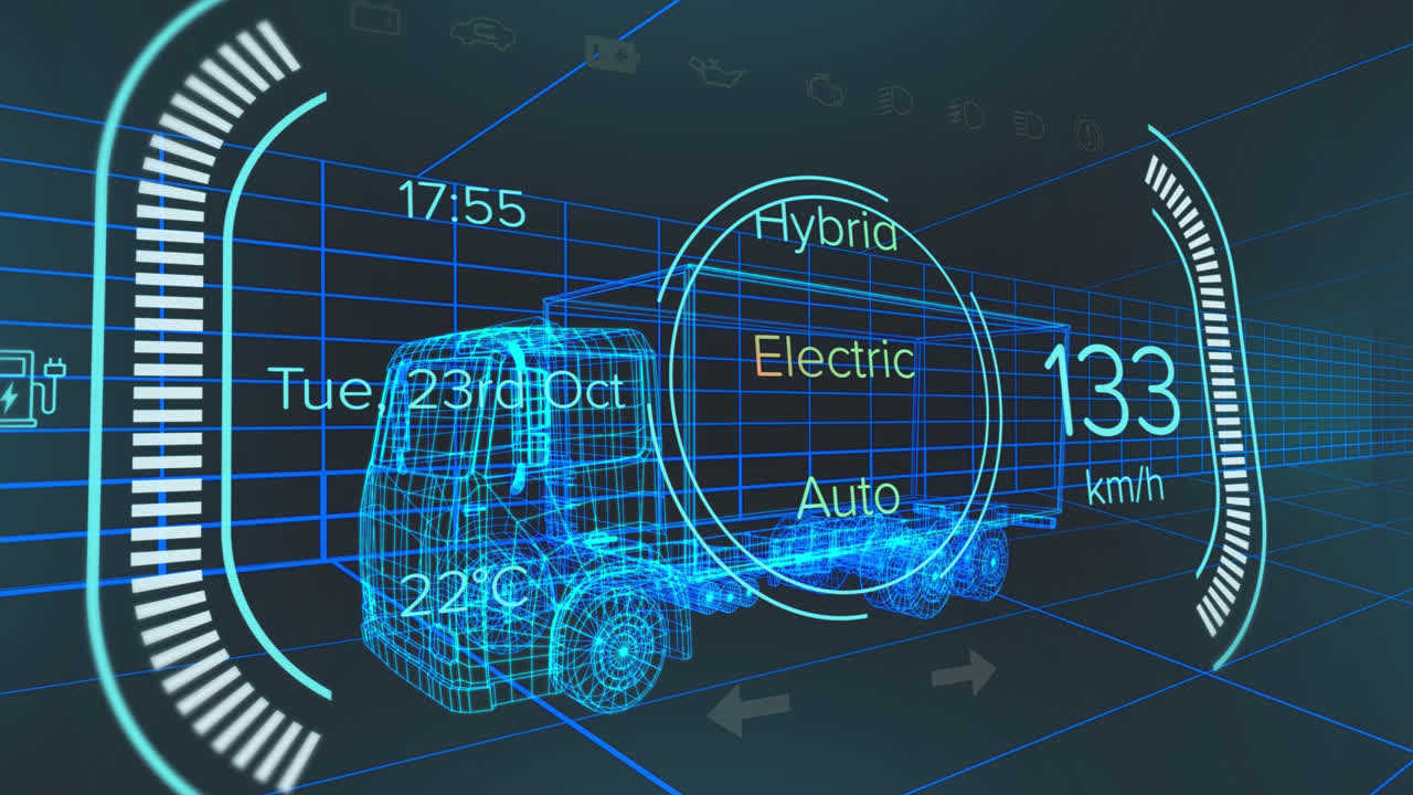 Animazione di interfaccia auto su modello digitale di camion su sfondo nero