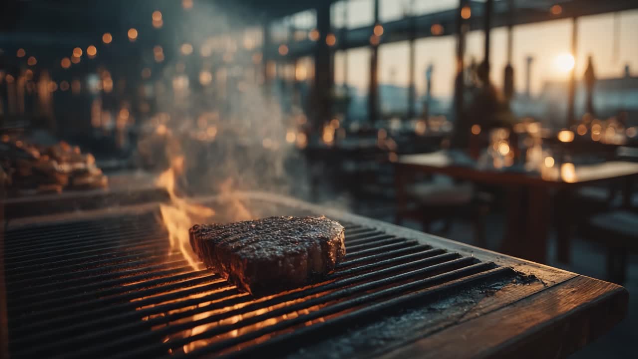 Cucina all'Ora d'Oro: Una Succulenta Bistecca Sfrigola sulla Griglia in un'Atmosfera Calda e Accogliente di Ristorante, Perfetta per Appassionati di Cucina e Amanti del Cibo.
