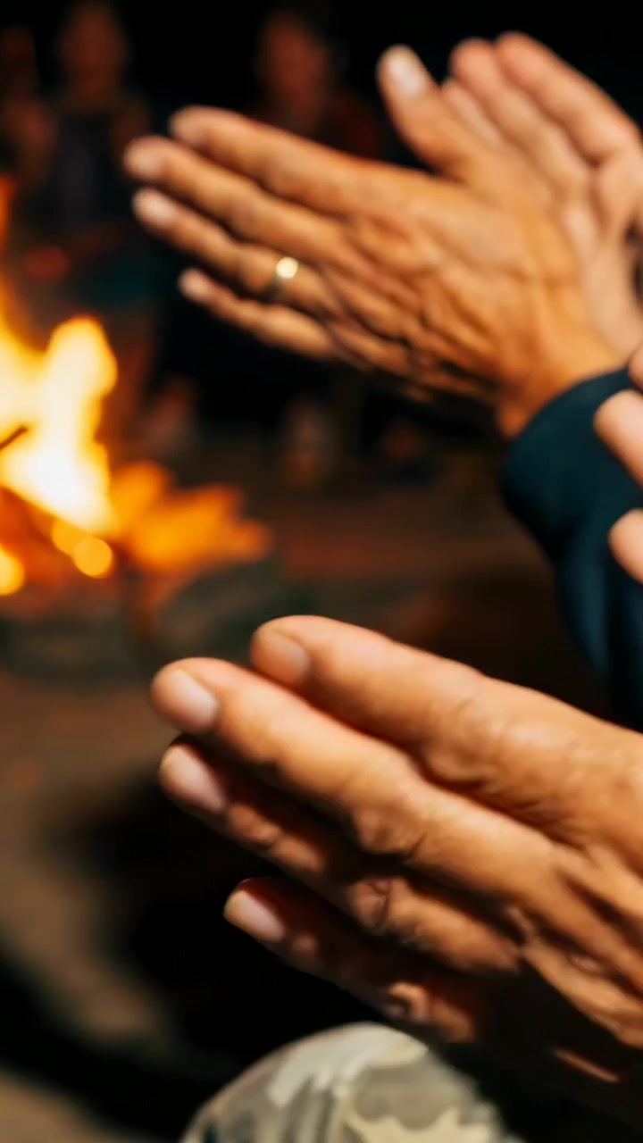 Video verticale: Mani che applaudono con un anello e pantaloni mimetici vicino a un falò mentre il fuoco tremola, spazio per il testo.