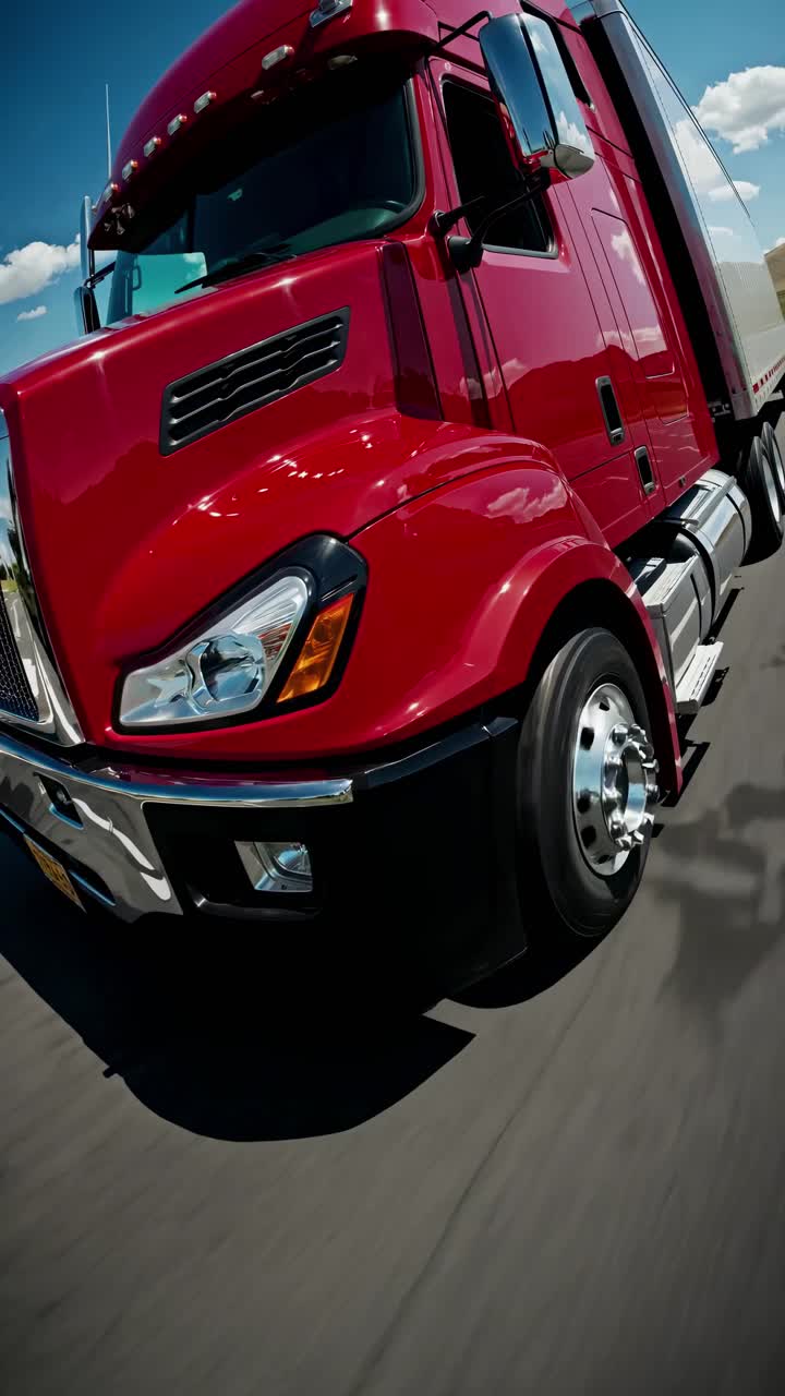 Dynamic low-angle shot of a red semi-truck on a highway, capturing motion and power