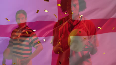 animación de confeti y bandera de inglaterra sobre diversos jugadores de rugby con pelota