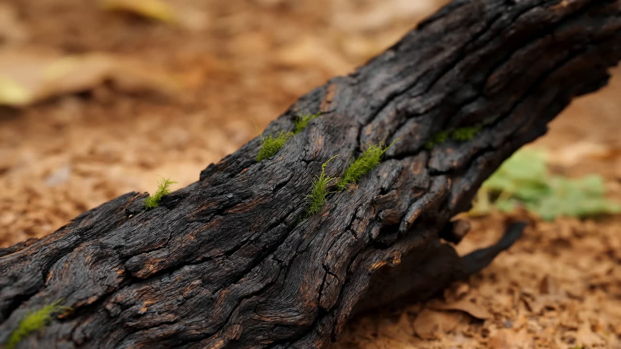 Mosscovered Log On Forest Floor, Macro Shot Revealing Rough Cracked Bark And Bright Green Tufts, Dry Leaf