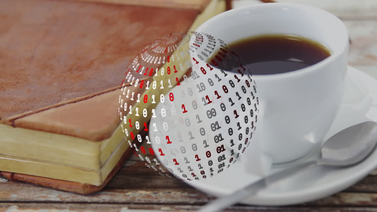 Xícara branca com café preto ao lado de um notebook fechado, esfera 3D de código binário flutuando acima