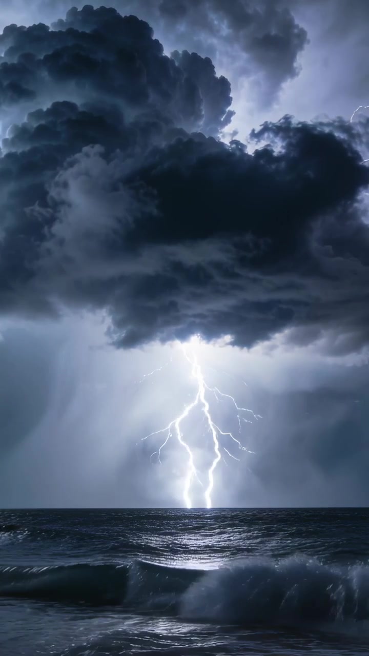 Vertikal video: Ruvende stormcelle som sender lynnedslag over havet og lyser opp bølgene.