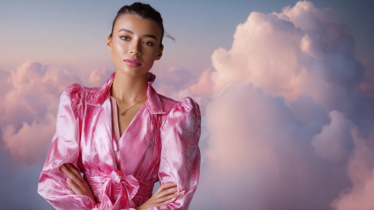 Stunning Model Posing Gracefully Against a Dreamy Cloudscape, Captured in a Colorful Pink Outfit, Radiating Confidence and Elegance in a Surreal Setting