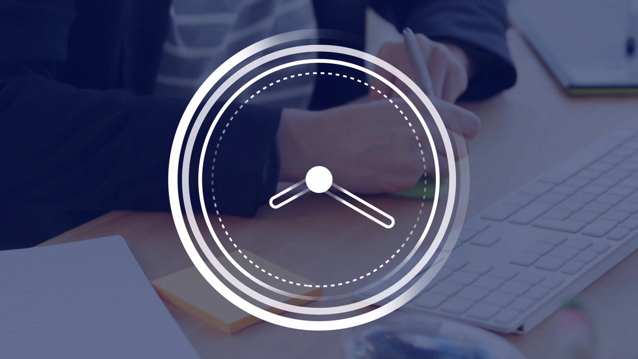 Animated clock appearing, office woman typing and moving sticky notes while writing, managing time